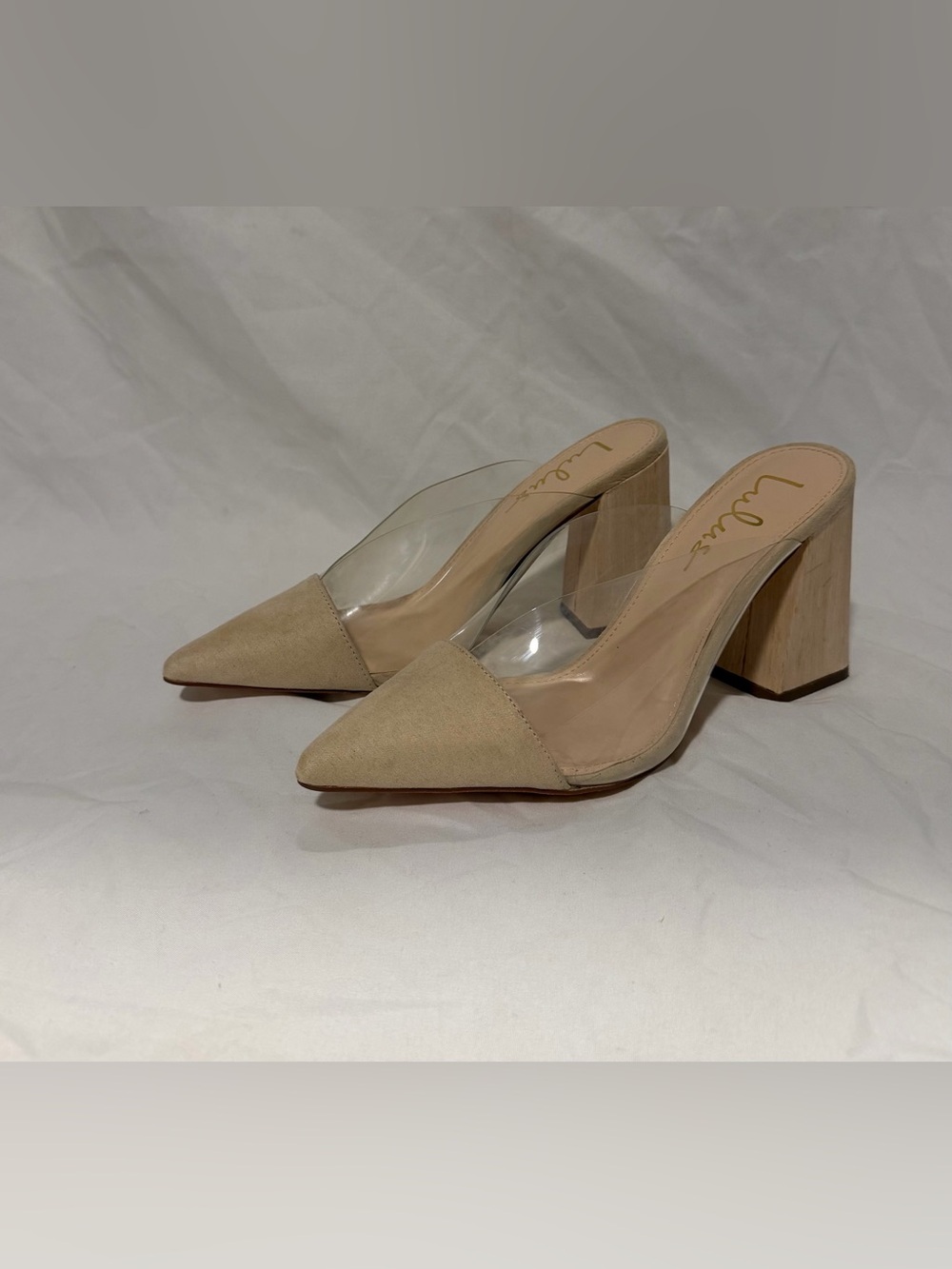Lulu's Nude Clear Pointed Toe Block Heel Mules